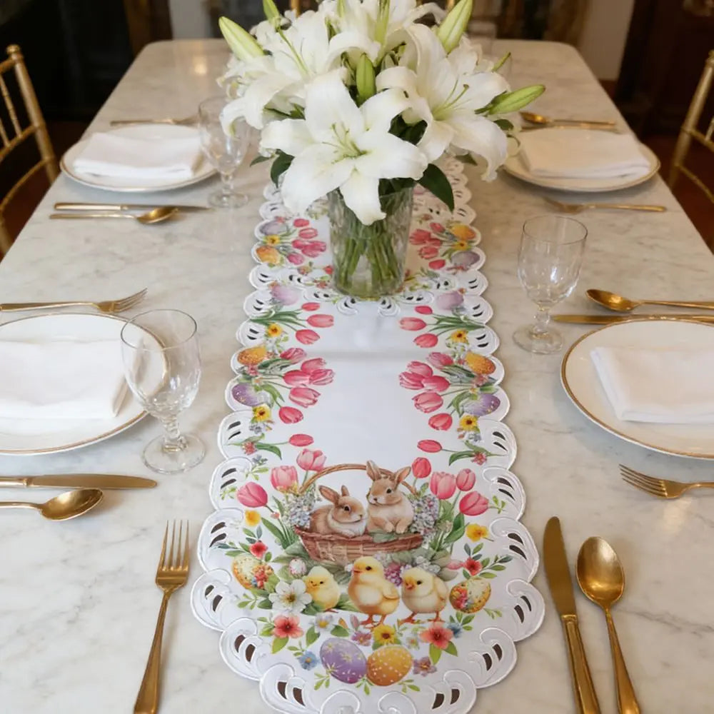 Spring Magic Table Runner for Easter | Chicks & Tulips Design | 177 x 38 cm