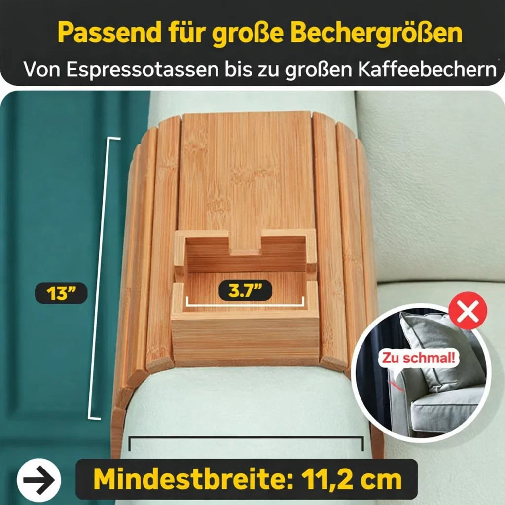 Bambusablage für Getränke — stilvoller Snack- und Becherhalter für das Sofa