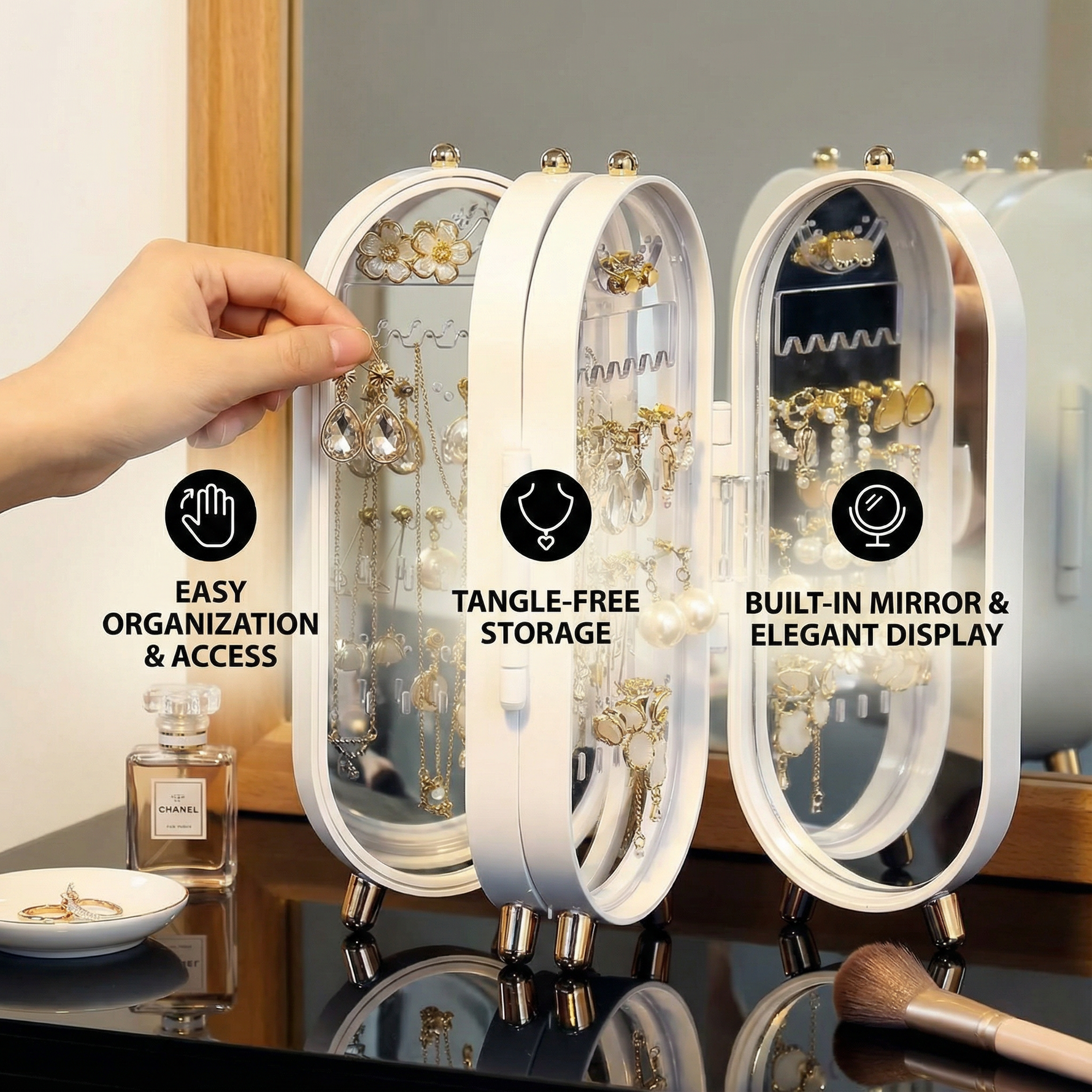 Elegant jewelry organizer with integrated mirror