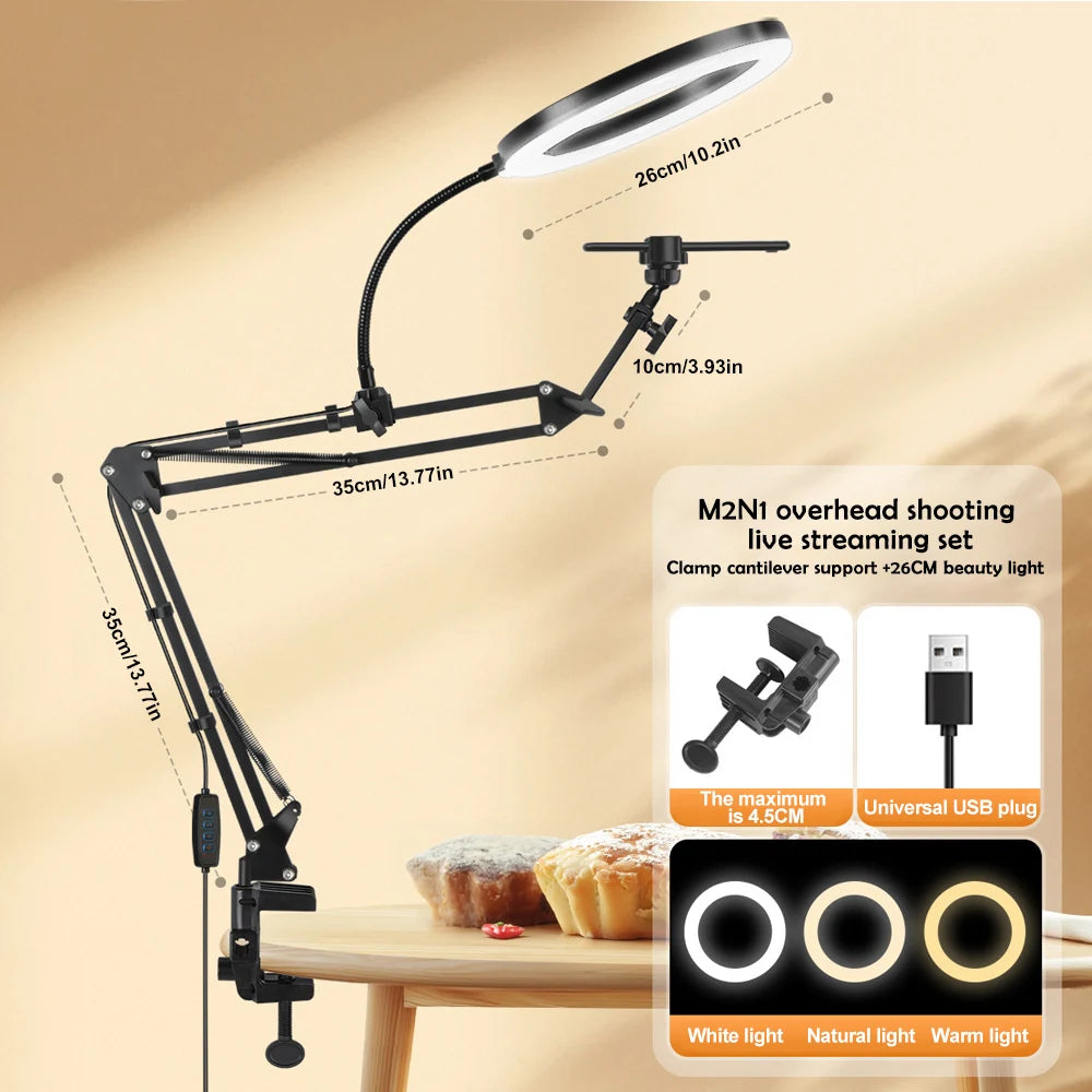 Strahlendes LED-Ringlicht mit flexiblem Arm und Smartphonehalter | 3 Lichtmodi & USB-Betrieb | Ideal für Livestreams, Videos und Selfies