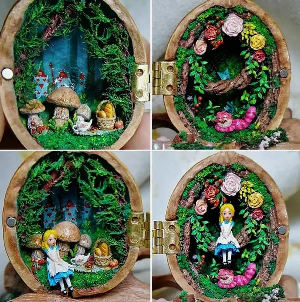 Wunderwelt aus Walnuss | Handgefertigtes Miniaturhaus mit Bibliothek