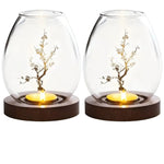 2-teiliges Set Glaskerzenhalter mit Holzsockel - Dekoration im Retro-Zen-Stil | Ideal für Wohnzimmer, Tischdekoration und im Freien
