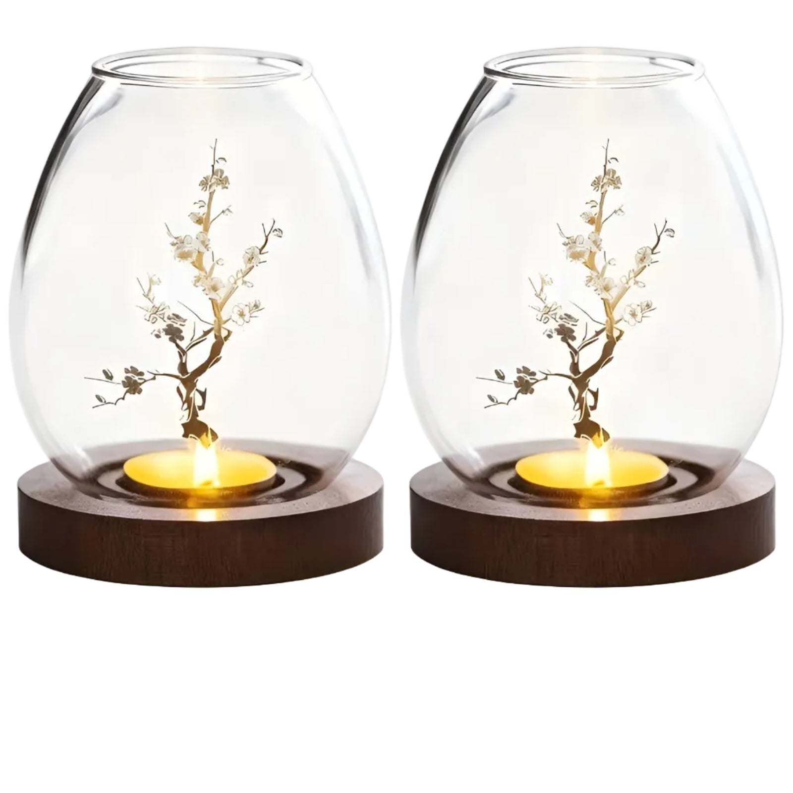 2-teiliges Set Glaskerzenhalter mit Holzsockel - Dekoration im Retro-Zen-Stil | Ideal für Wohnzimmer, Tischdekoration und im Freien
