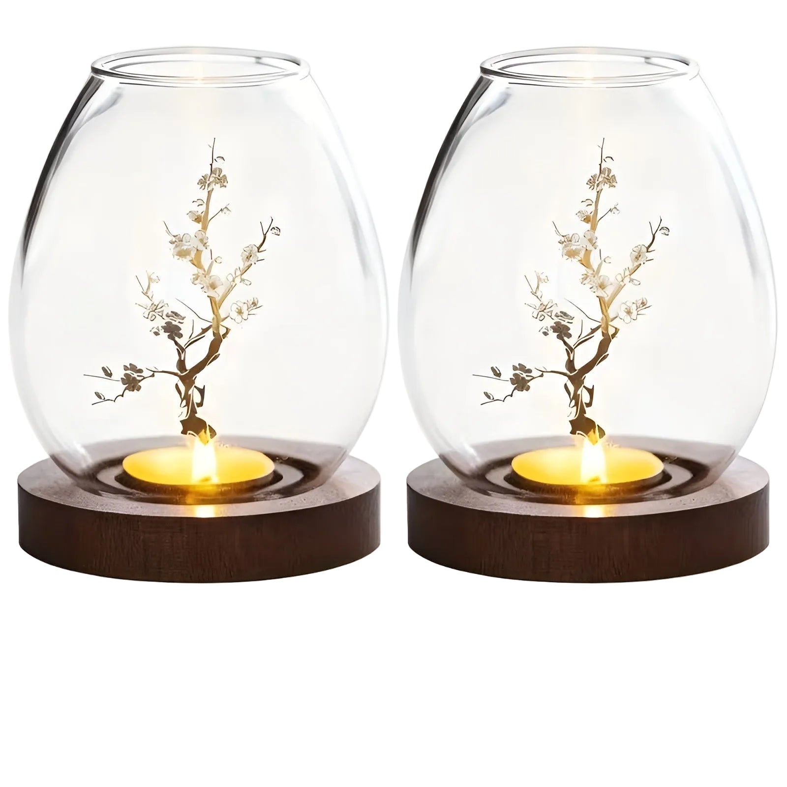 Elegantes 2er Set Glas-Kerzenhalter mit Holzfuß – Retro-Zen Flair für Ihr Zuhause