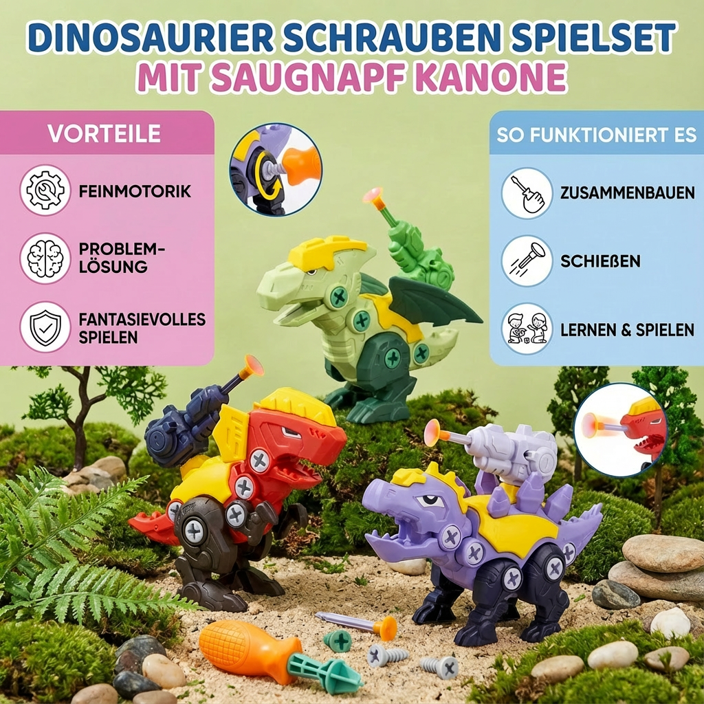 Spielset mit Saugnapfkanone und Dinosaurier-Schrauben