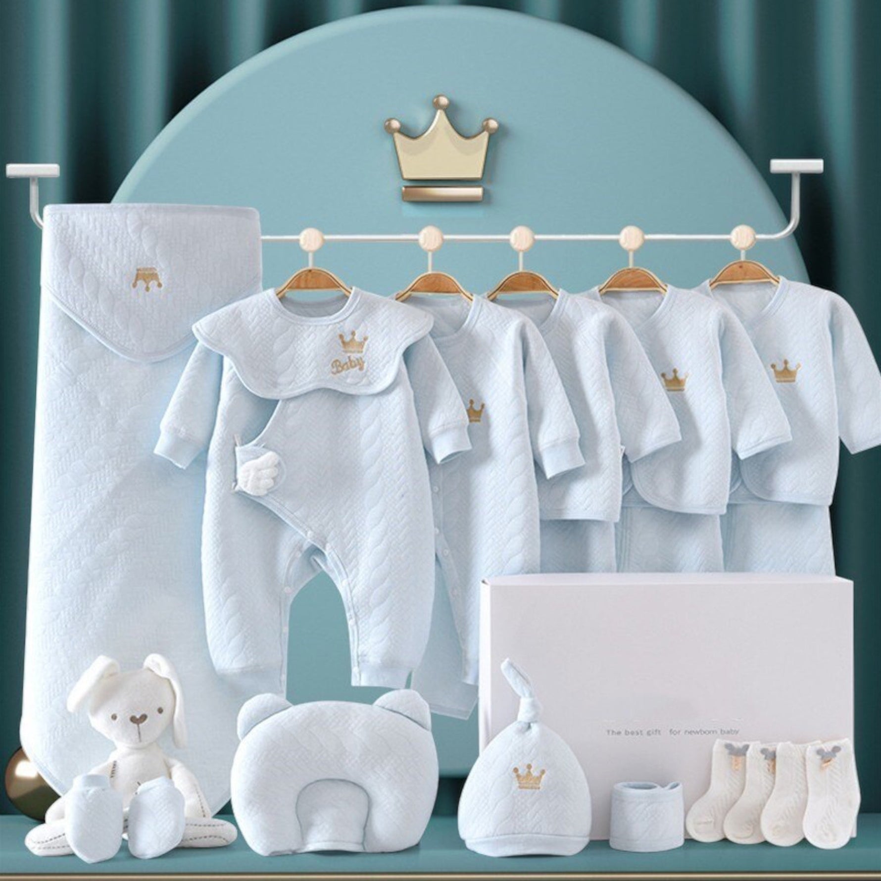 Hochwertiges Baby-Basisset | Elegante Geschenkkiste für Neugeborene | 100% Bio-Baumwolle | Mit Decke, Kleidung & Zubehör | Allergikerfreundlich