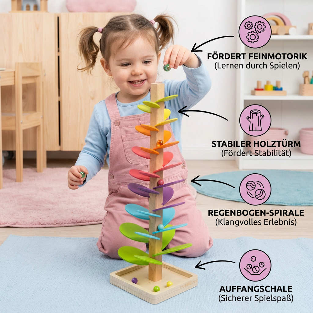 Holzturm mit Regenbogen-Murmeln im Montessori-Stil