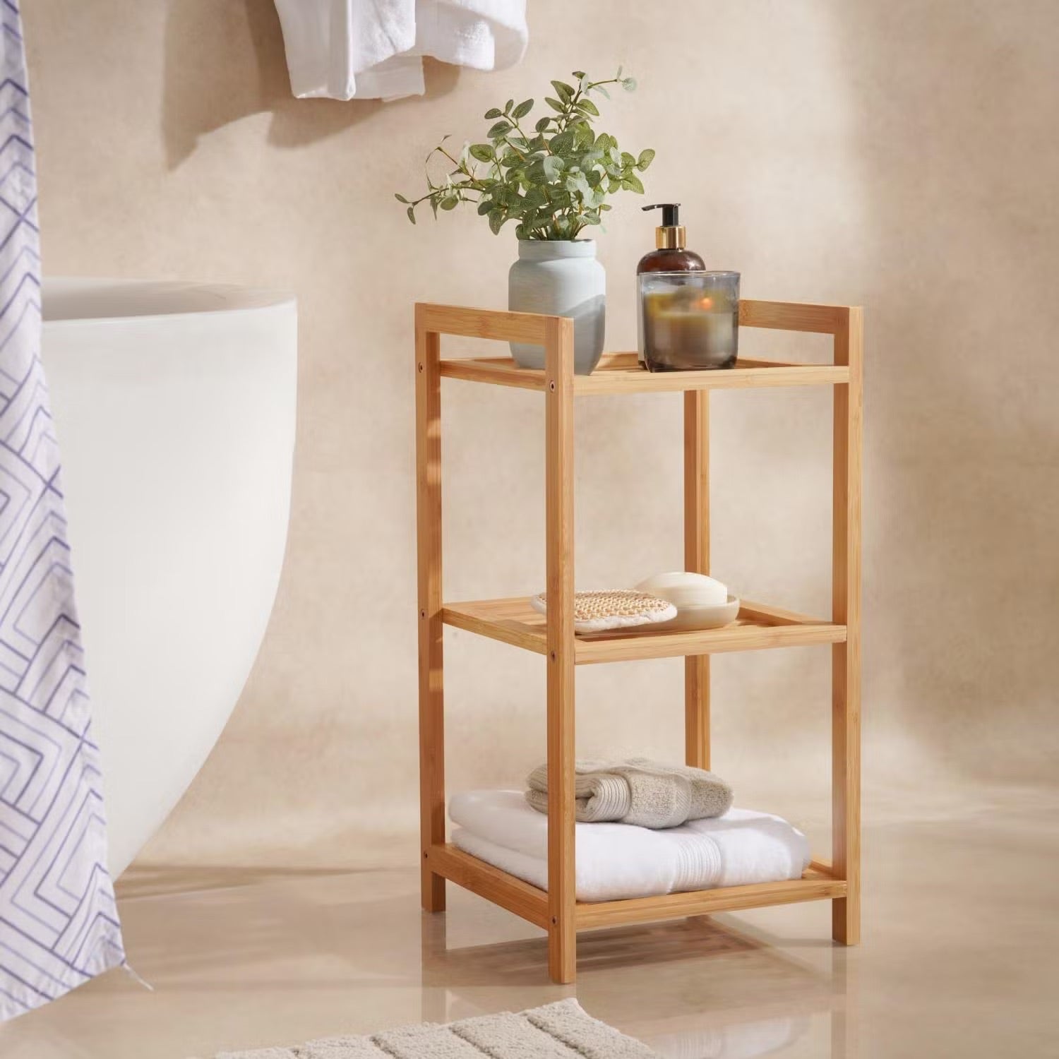 Eleganter 3-stufiger Badezimmerregal aus Bambus, 30x30x57cm