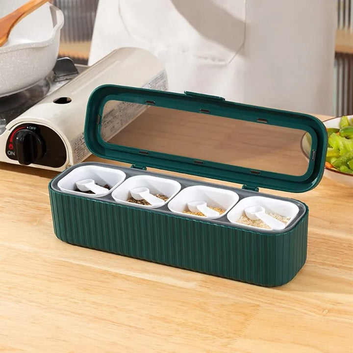 Gewürzaufbewahrungsbox mit 4 Fächern und Löffel