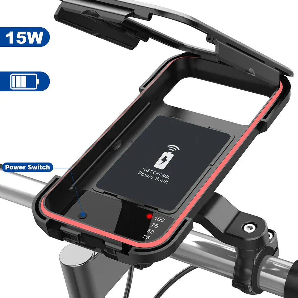 Wasserdichter Handyhalter mit USB und 15W kabellosem Laden für Fahrrad und E-Bike