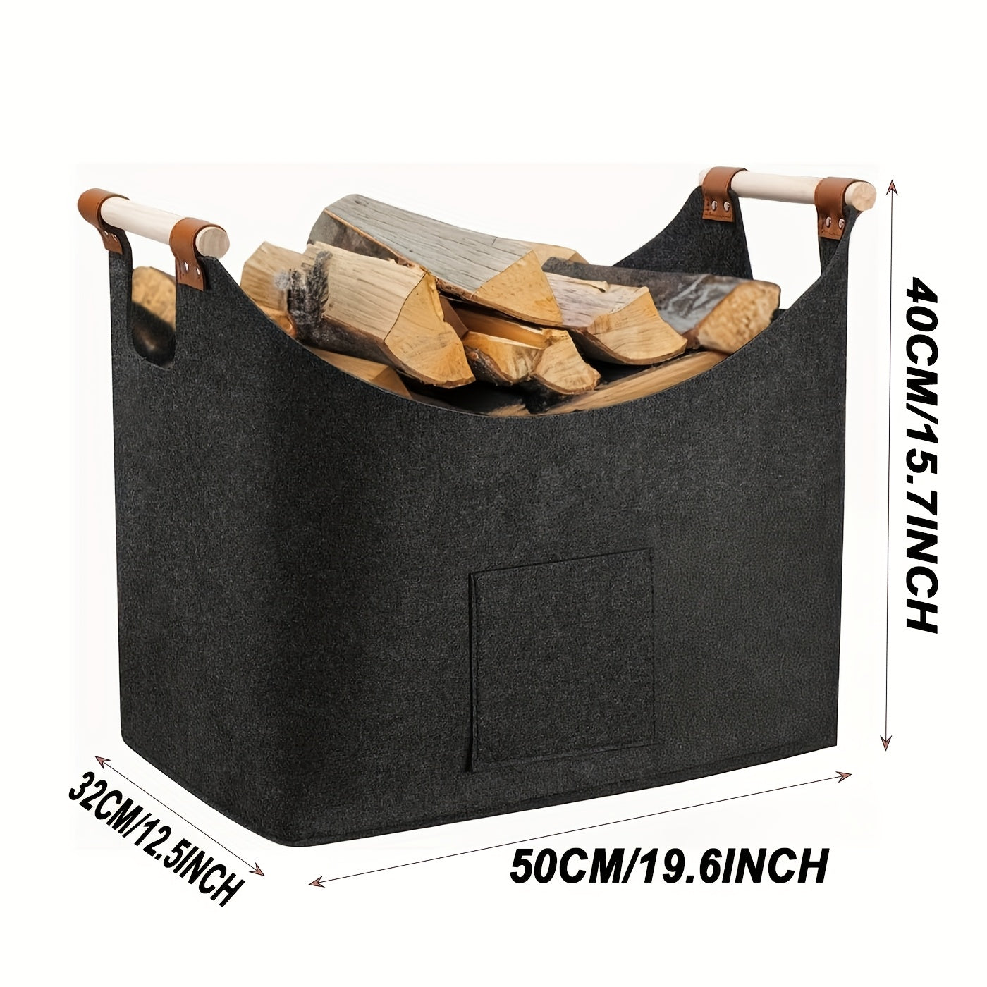 Elegant Firewood Basket BRUNNEN | Foldable | 55L Capacity | With Wooden Handles and Leather Accents | Anthracite