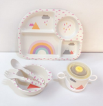 Kindergeschirrset mit Wolkenmuster – Teller, Schüssel, Becher & Besteck
