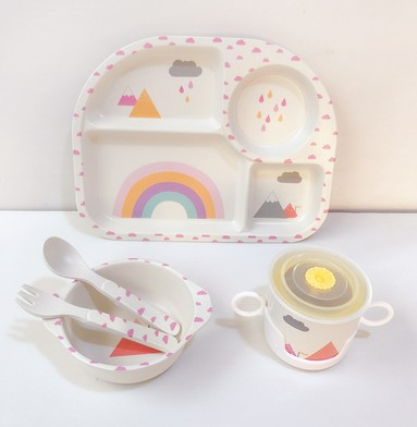 Kindergeschirrset mit Wolkenmuster – Teller, Schüssel, Becher & Besteck