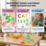 Lernspiel aus Holz mit Fädeln von Buchstaben, Zahlen und Farben