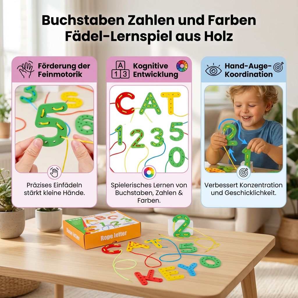 Lernspiel aus Holz mit Fädeln von Buchstaben, Zahlen und Farben