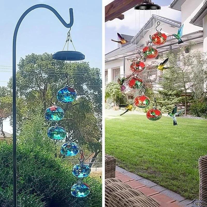 Handgefertigter Glaskolibri-Futterspender mit Glockenspiel
