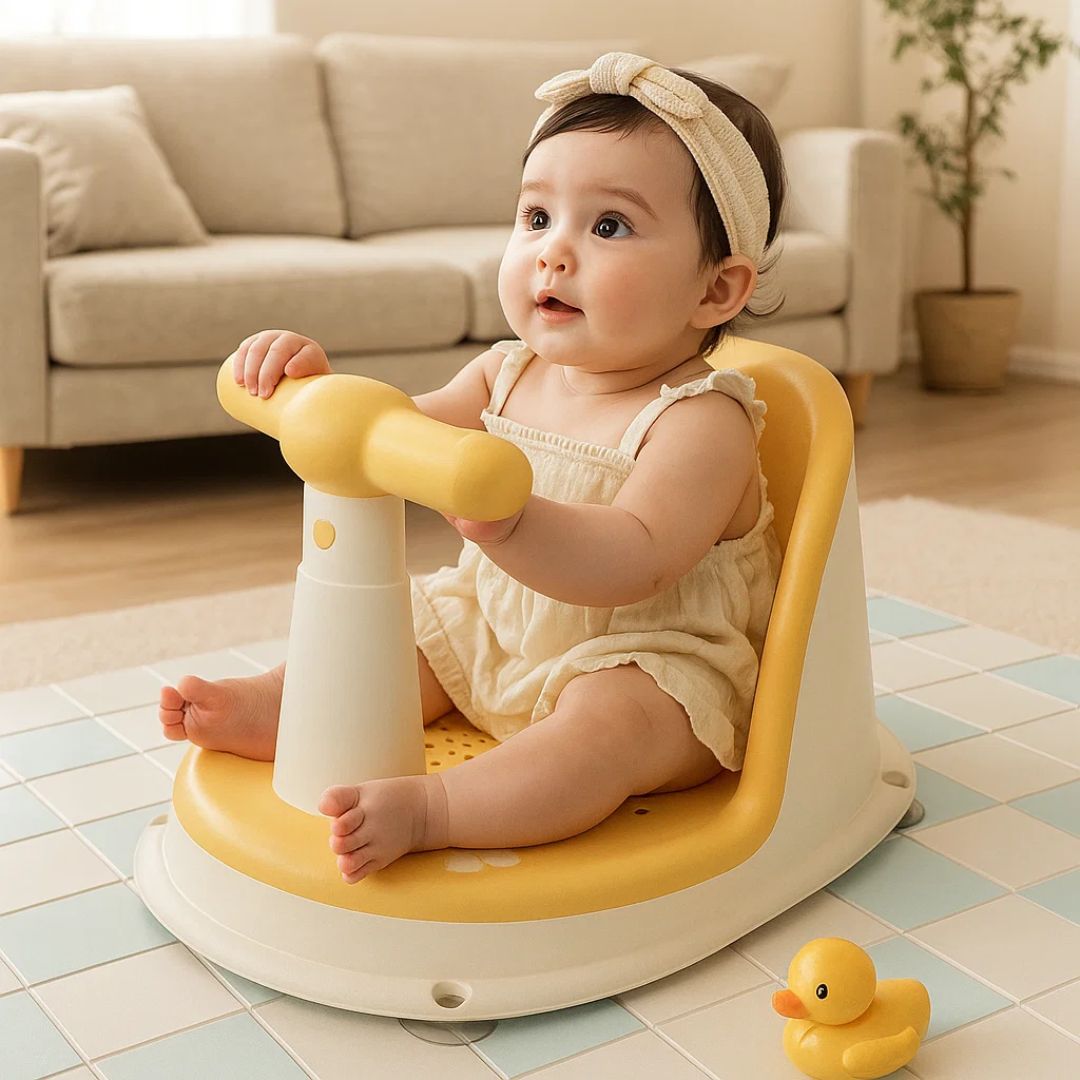 Rutschfester Baby-Badewannensitz – Edelstahl-Saugnäpfe – Weiche Polsterung – Freihändige Nutzung für Eltern