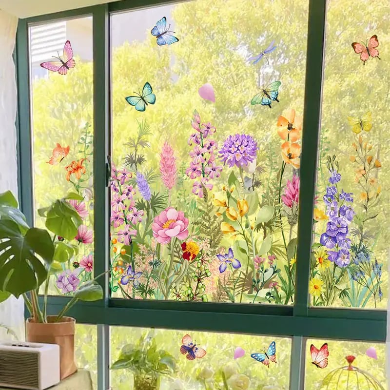Bunte Fensteraufkleber mit Blumen- und Schmetterlingsmotiven