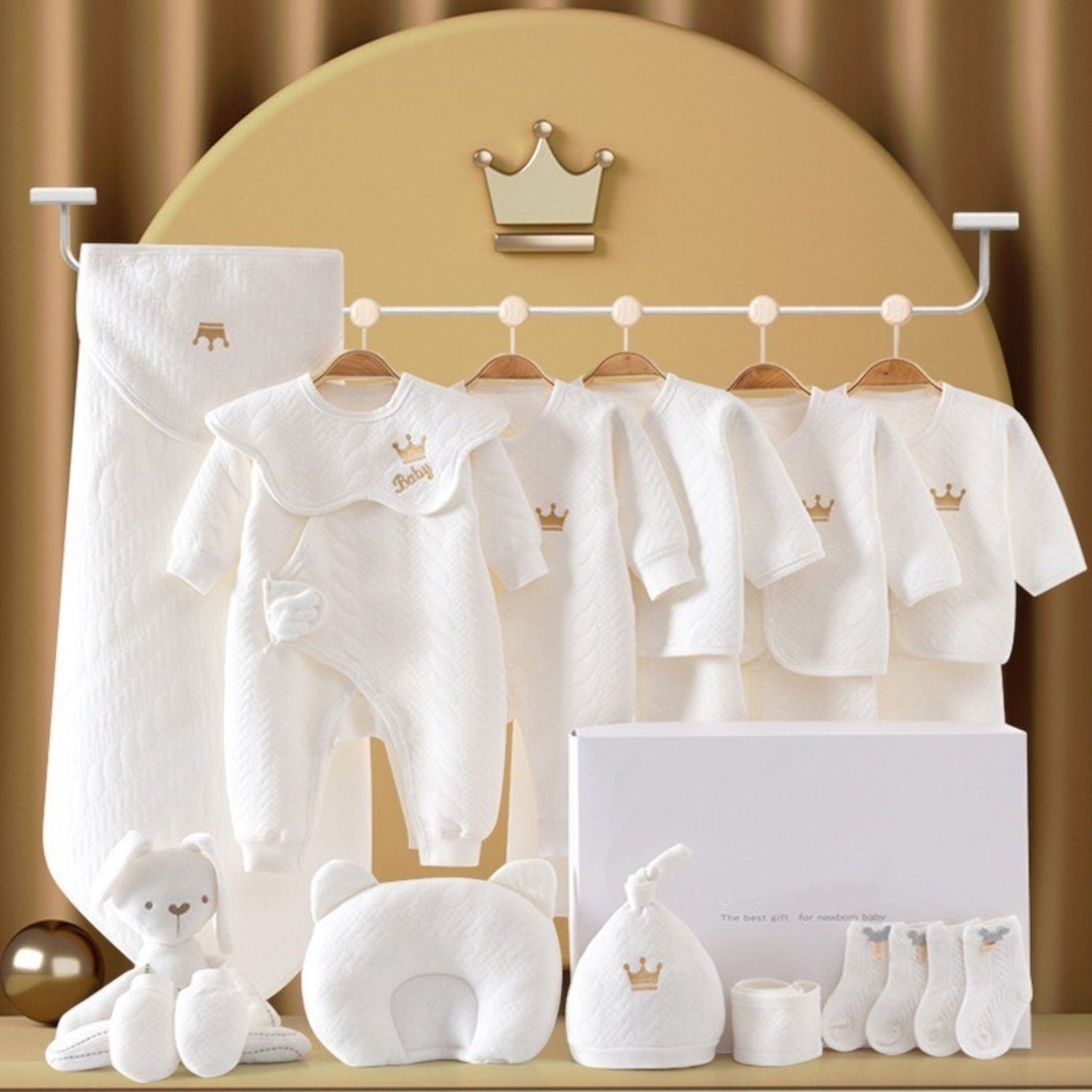 Hochwertiges Baby-Basisset | Elegante Geschenkkiste für Neugeborene | 100% Bio-Baumwolle | Mit Decke, Kleidung & Zubehör | Allergikerfreundlich