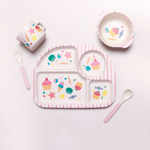 Kindergeschirrset mit Wolkenmuster – Teller, Schüssel, Becher & Besteck