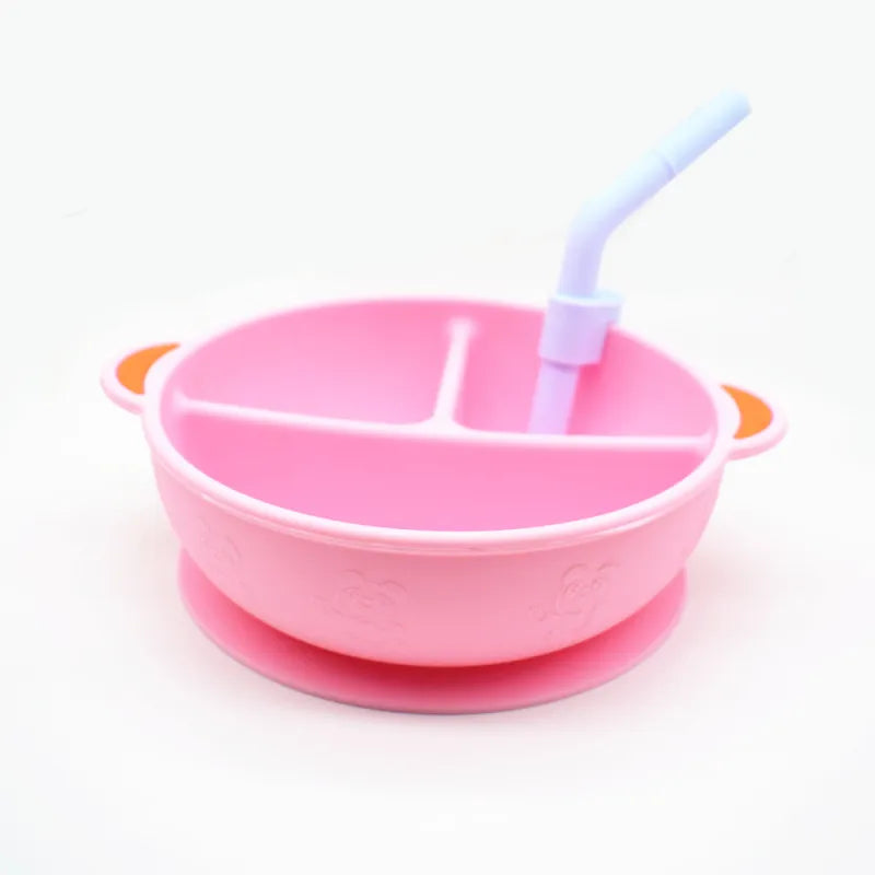 Rutschfester Silikon Teller für Babys mit Strohhalm – Einfaches Essen