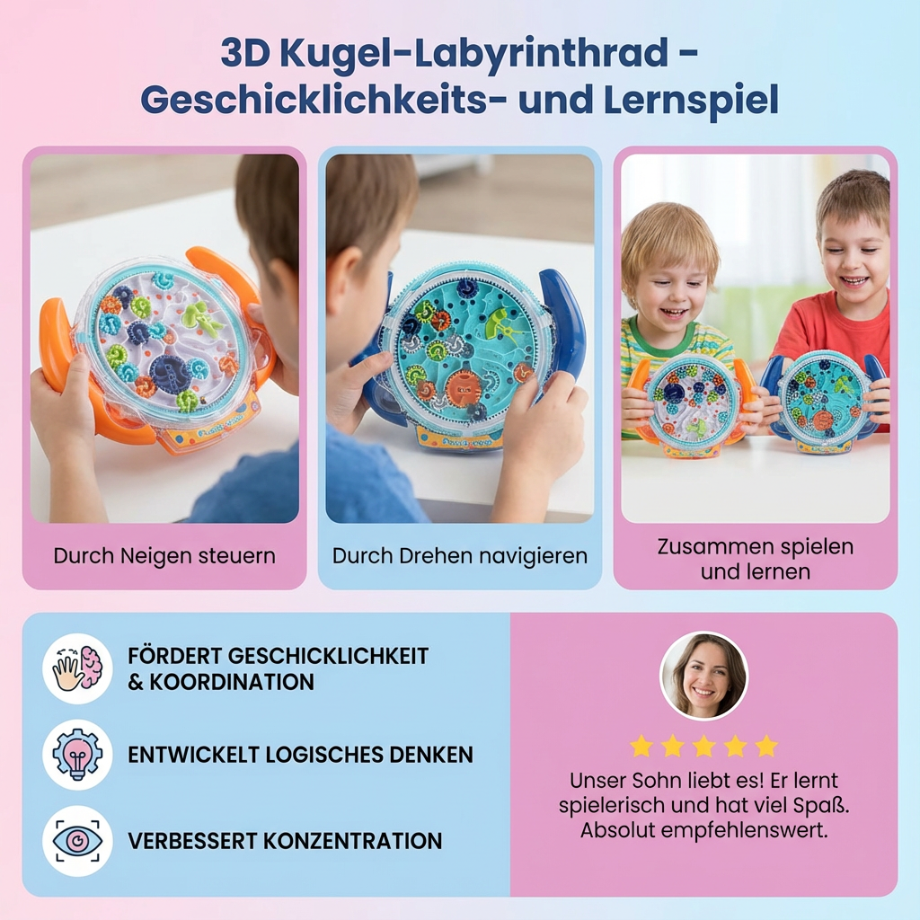 Kugel-Labyrinthspiel in 3D – Lern- und Geschicklichkeitsspiel
