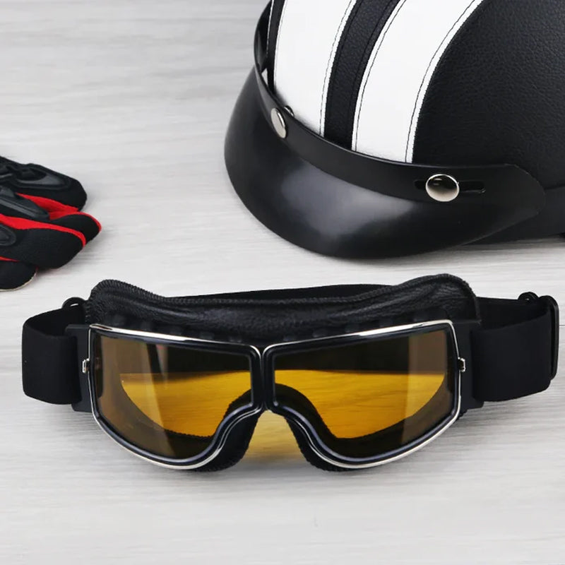 Vintage Motorradschutzbrille mit wechselbaren Gläsern und Komfortpolsterung