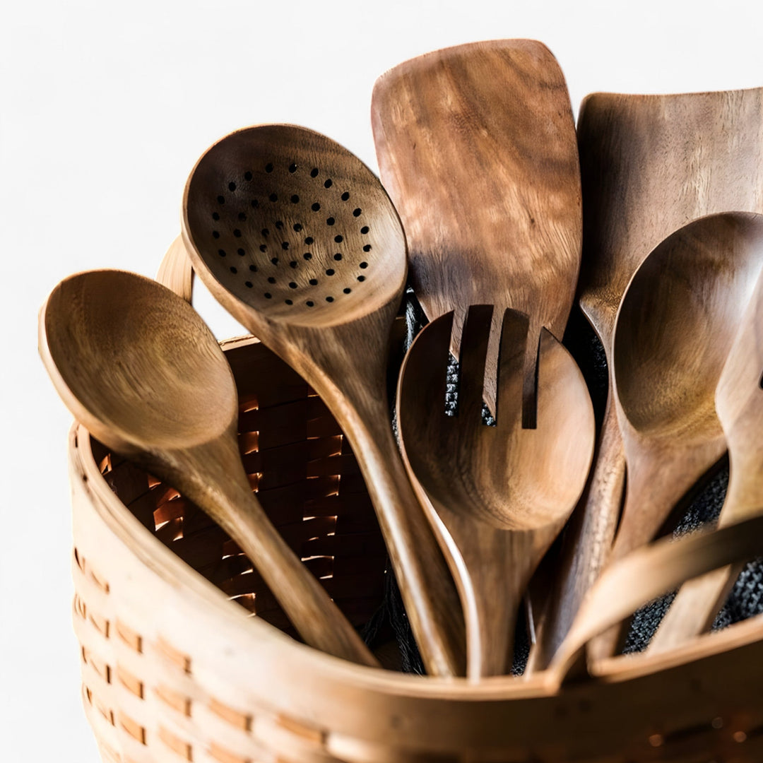 Teak Küchenutensilien Set – 9 Teile mit Halter und Löffelablage