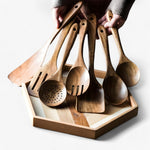Teak Küchenutensilien Set – 9 Teile mit Halter und Löffelablage