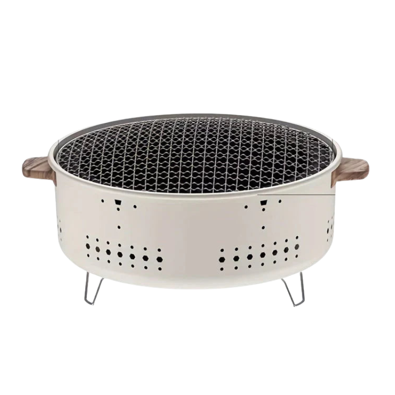 Kompakter Holzkohlegrill mit Holzgriffen und Belüftung