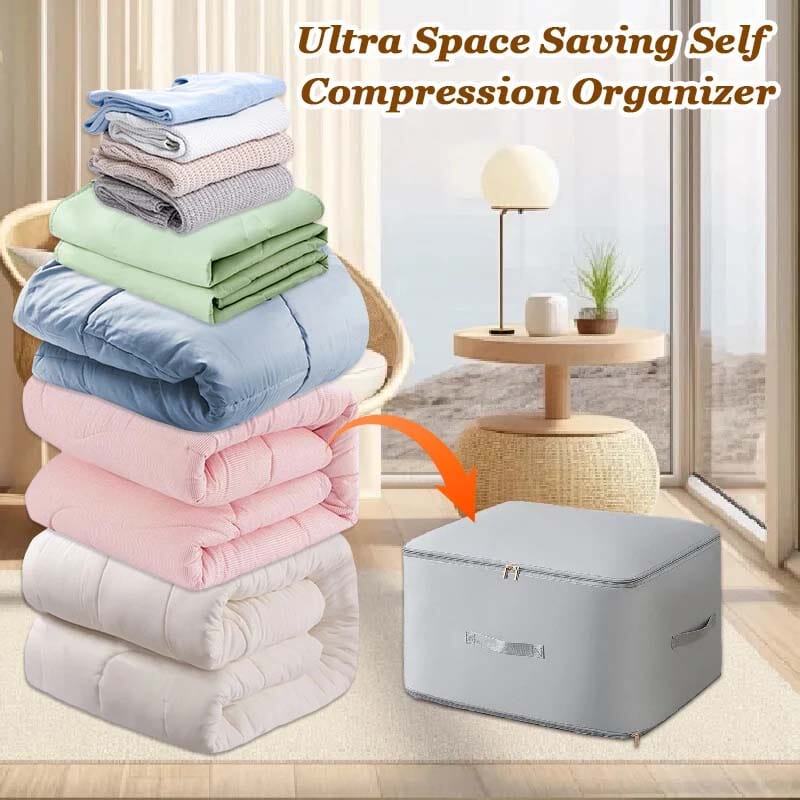 Space-saving, self-compressing storage bag