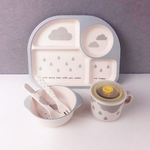Kindergeschirrset mit Wolkenmuster – Teller, Schüssel, Becher & Besteck