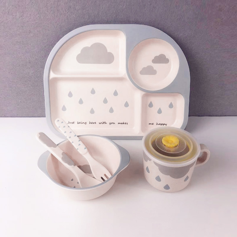 Kindergeschirrset mit Wolkenmuster – Teller, Schüssel, Becher & Besteck
