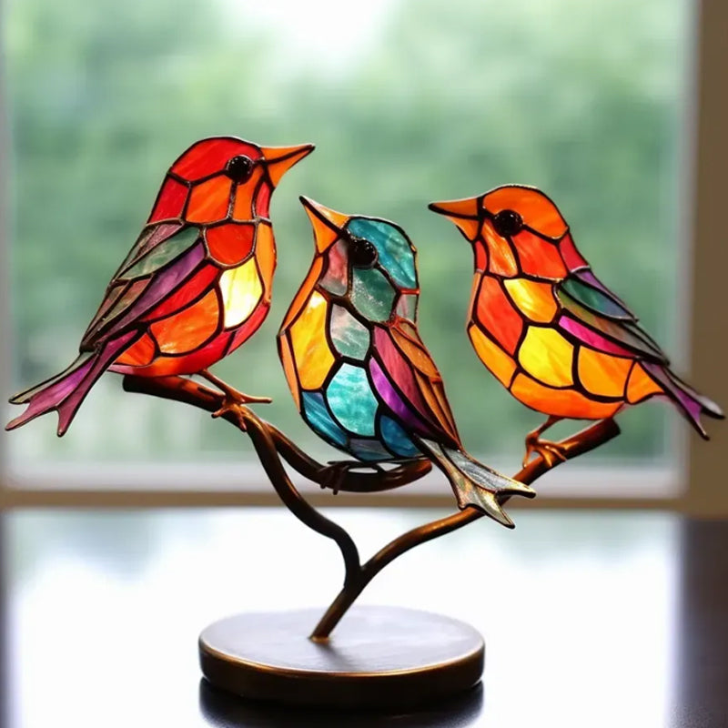 Buntglas Ornamente mit Vögeln auf Ästen