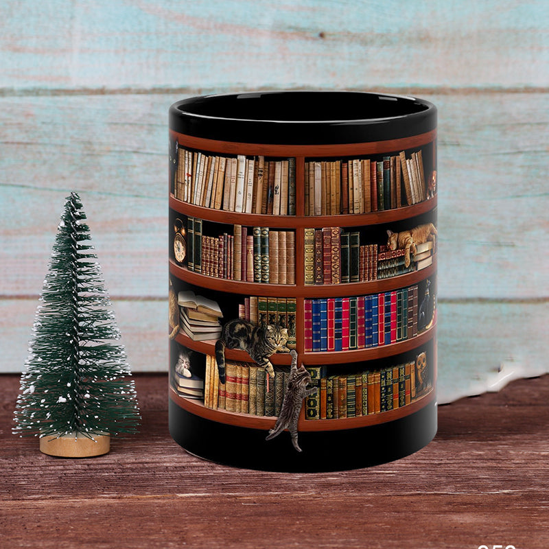 Kreative Keramiktasse für Katzen- und Buchliebhaber