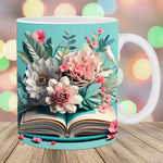 3D Kaffeetasse mit kunstvollem Blumenmuster - Geschenk für Bücherliebhaber