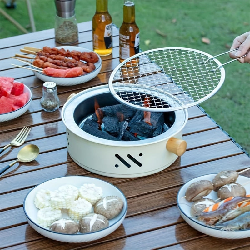 Kompakter Tischgrill mit Holzgriffen – 28 cm Durchmesser