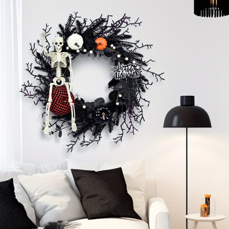Halloween Türkranz mit Skelett und Kürbis – Stimmungsvoll saisonale Dekoration