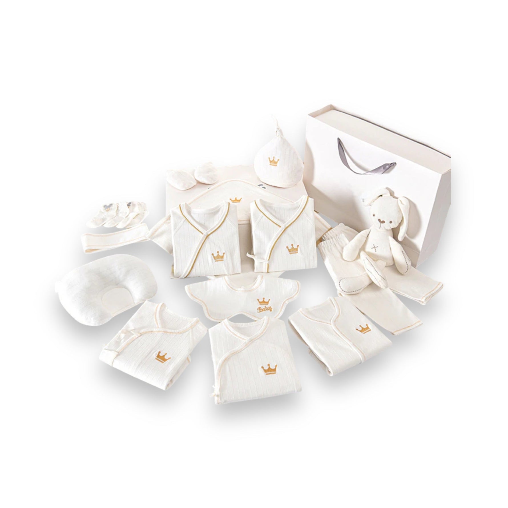 Hochwertiges Baby-Basisset | Elegante Geschenkkiste für Neugeborene | 100% Bio-Baumwolle | Mit Decke, Kleidung & Zubehör | Allergikerfreundlich