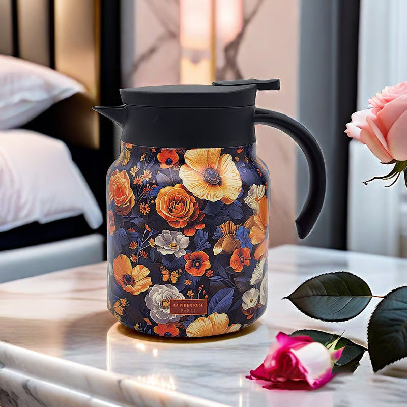 Elegante Teekanne mit Blütenmuster – Edelstahlflasche mit integriertem Sieb