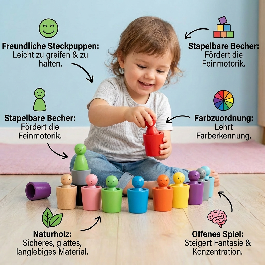 Holz Lernspiel mit Sortierbechern für Farben nach Montessori