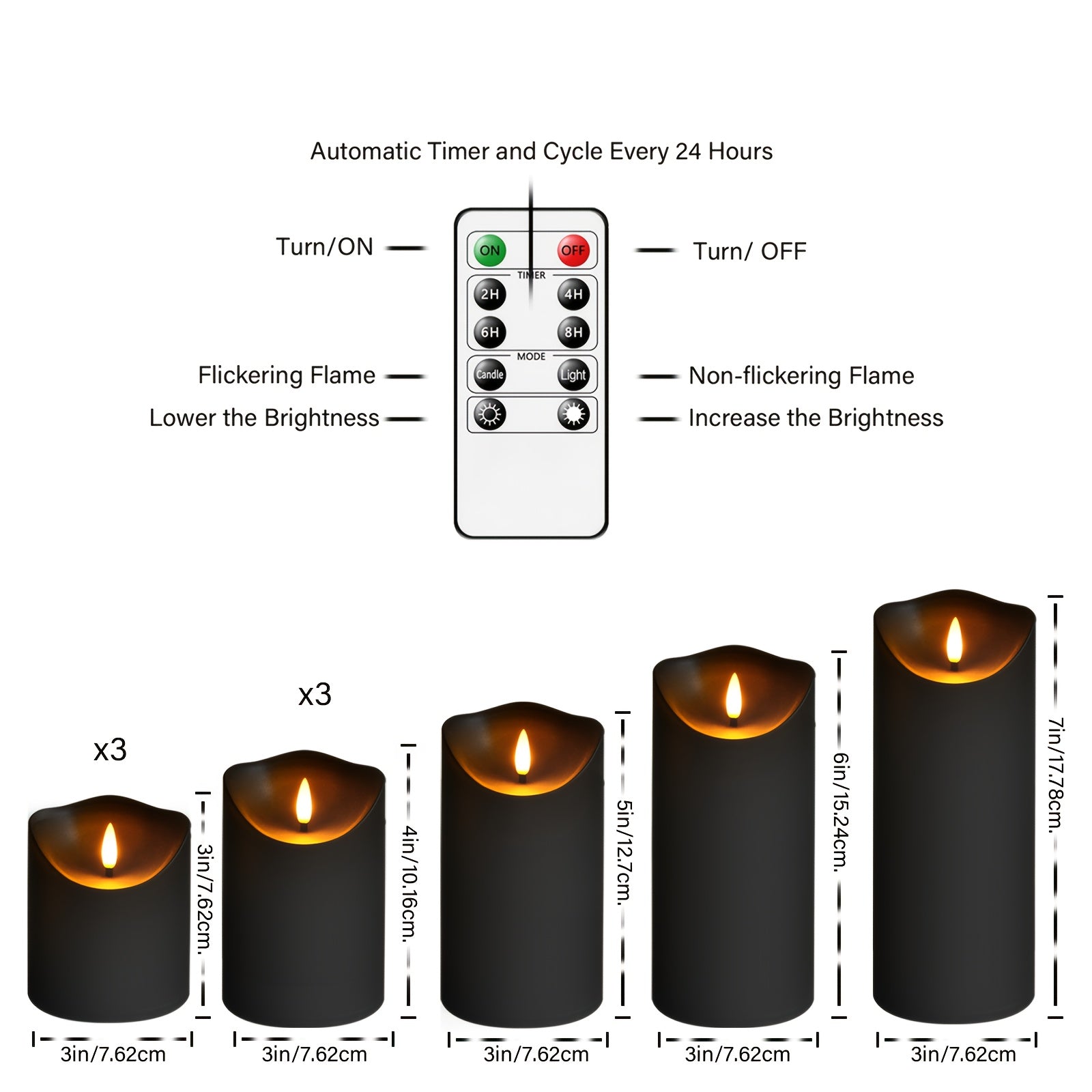 Set von 9 LED-Kerzen ohne Flamme – Fernbedienung und Glitzerfinish