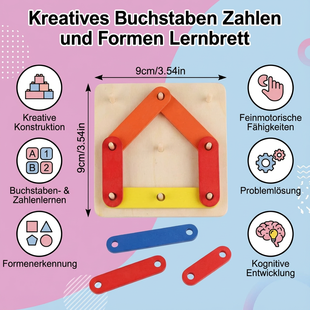 Lernbrett mit kreativen Buchstaben, Zahlen und Formen