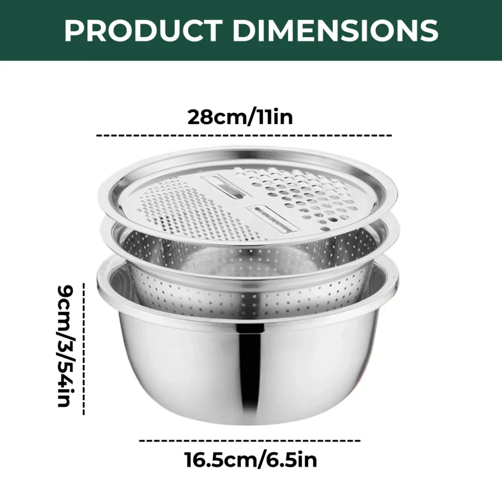 Vielseitiges Edelstahl-Schüsselset mit Reibe und Sieb – 3-in-1 Lösung