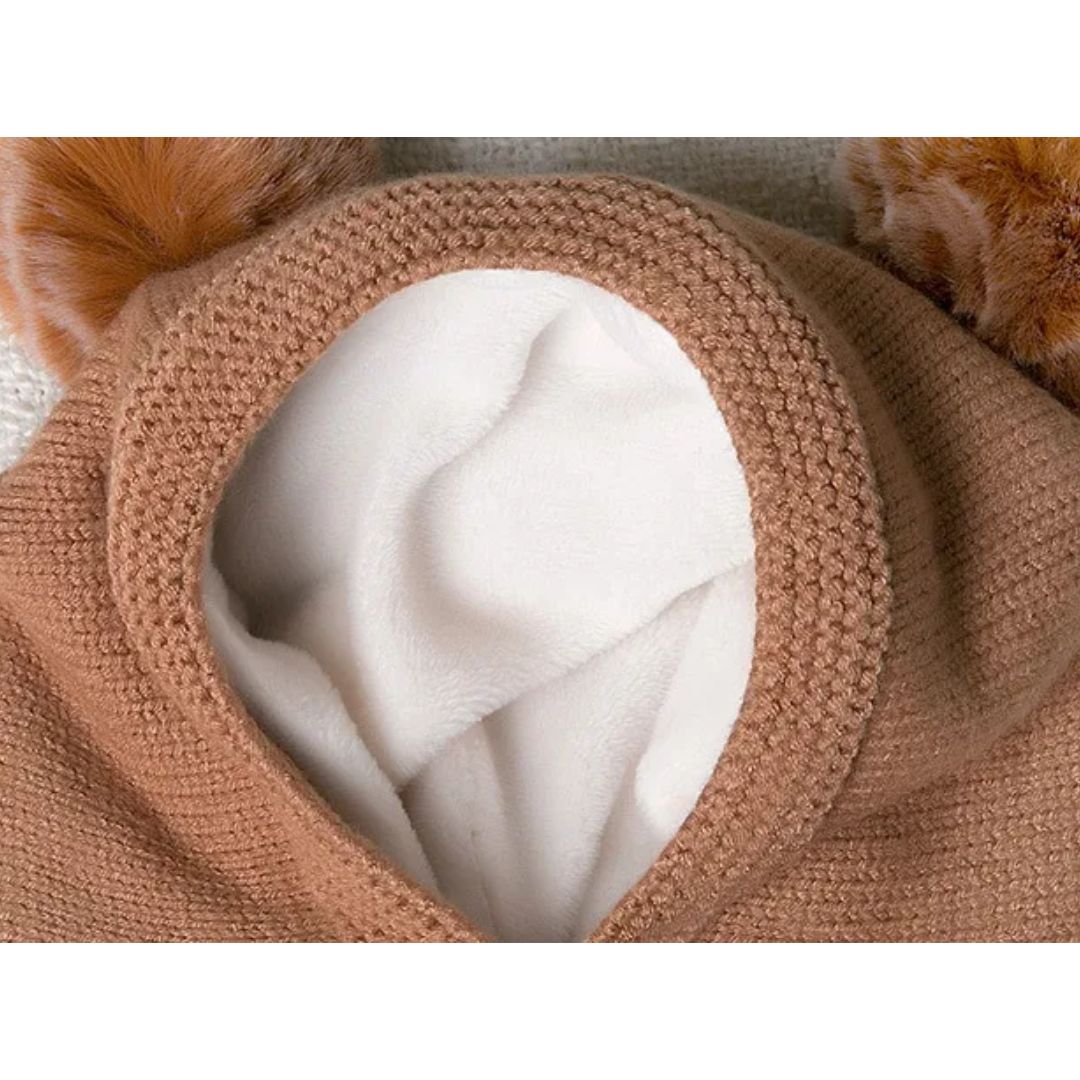 Warme Strickmütze für Babys mit Ohren – Fleecefutter und Tierdesign