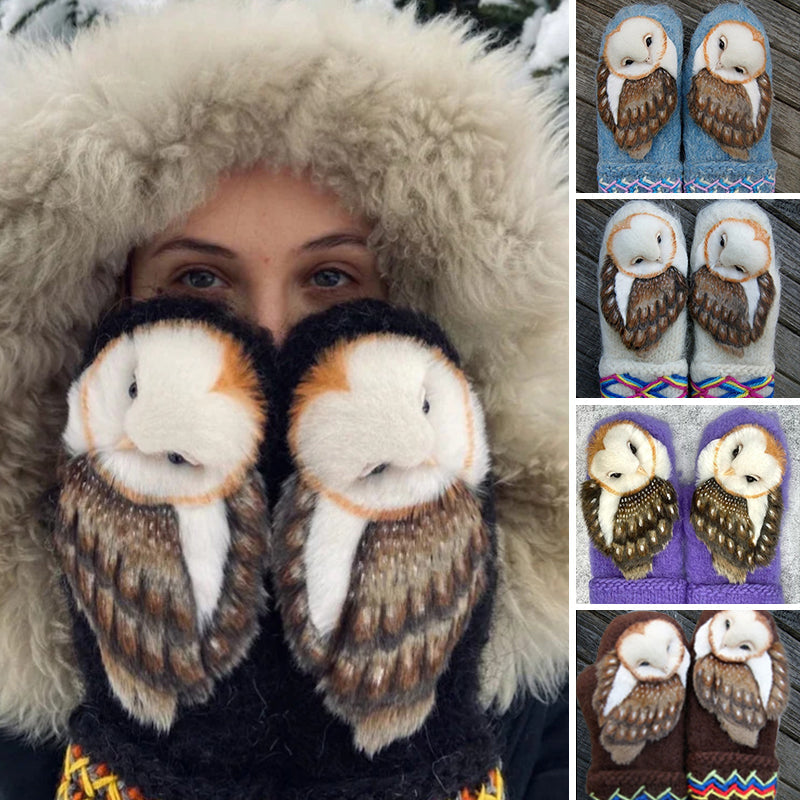 Wollige Nordic-Handschuhe mit Eulenmotiv für Kinder