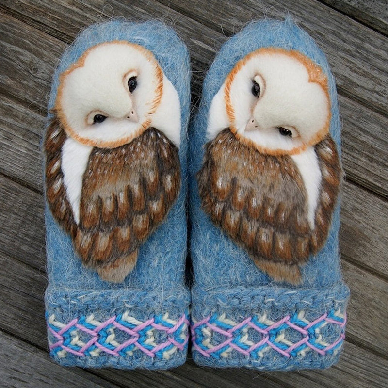 Wollige Nordic-Handschuhe mit Eulenmotiv für Kinder
