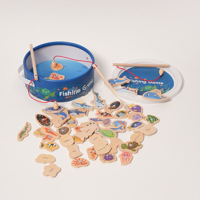 Magnetisches Angelaus Spielzeug aus Holz – 35 bunte Fische