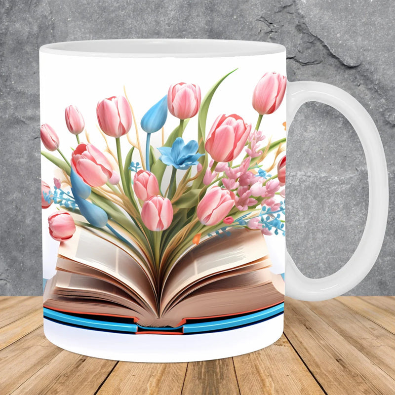 3D Kaffeetasse mit kunstvollem Blumenmuster - Geschenk für Bücherliebhaber