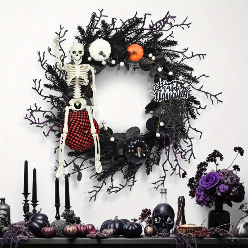 Halloween Türkranz mit Skelett und Kürbis – Stimmungsvoll saisonale Dekoration